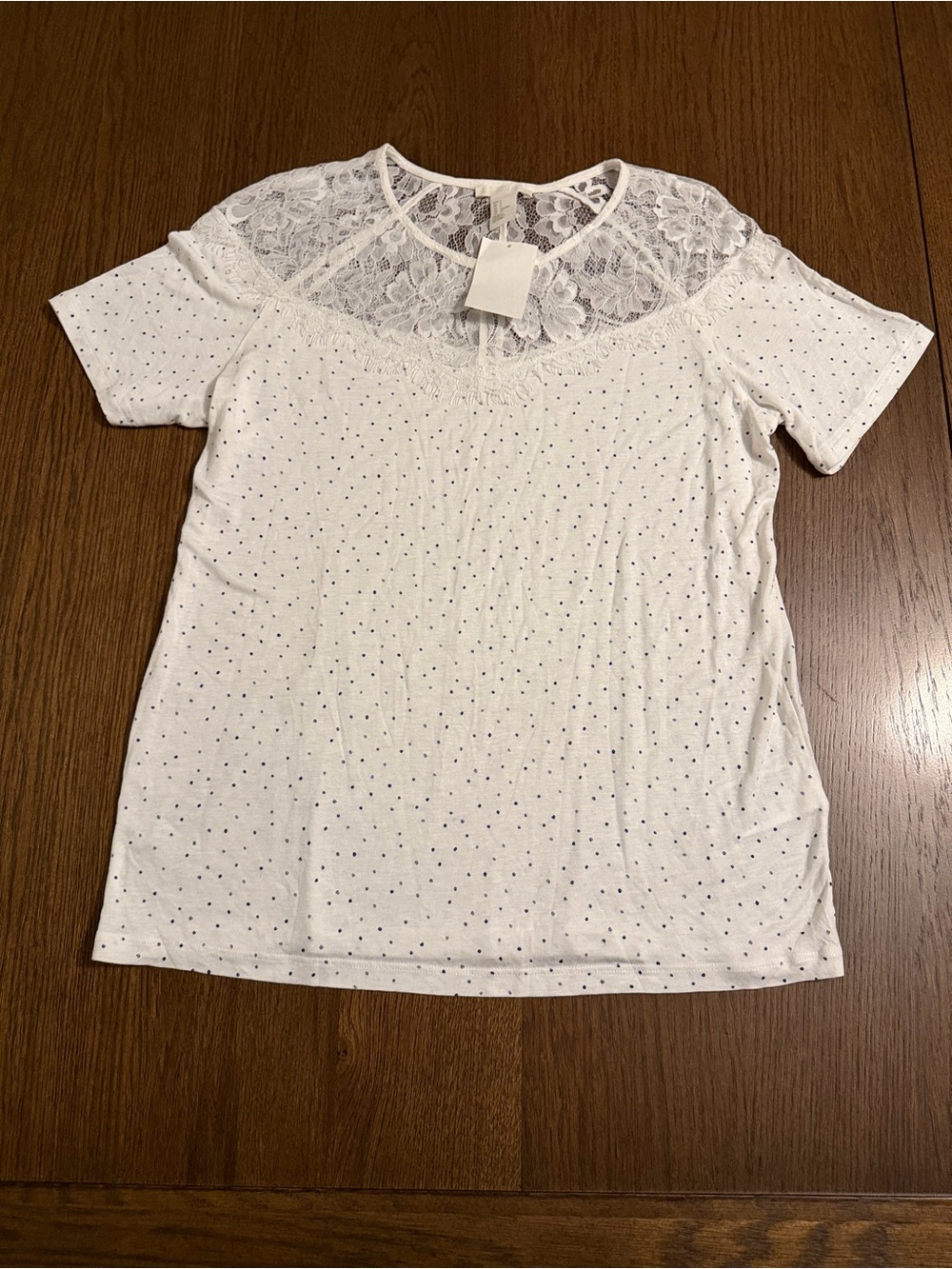 NWT H&M White Short Sleeve Top with Lace Yoke and Tiny Blue Dot Print